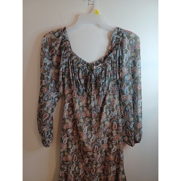Lucca Floral Paisley Mini Dress M Green Balloon Sleeve Sheer Lined Boho Peasant - Picture 2 of 9